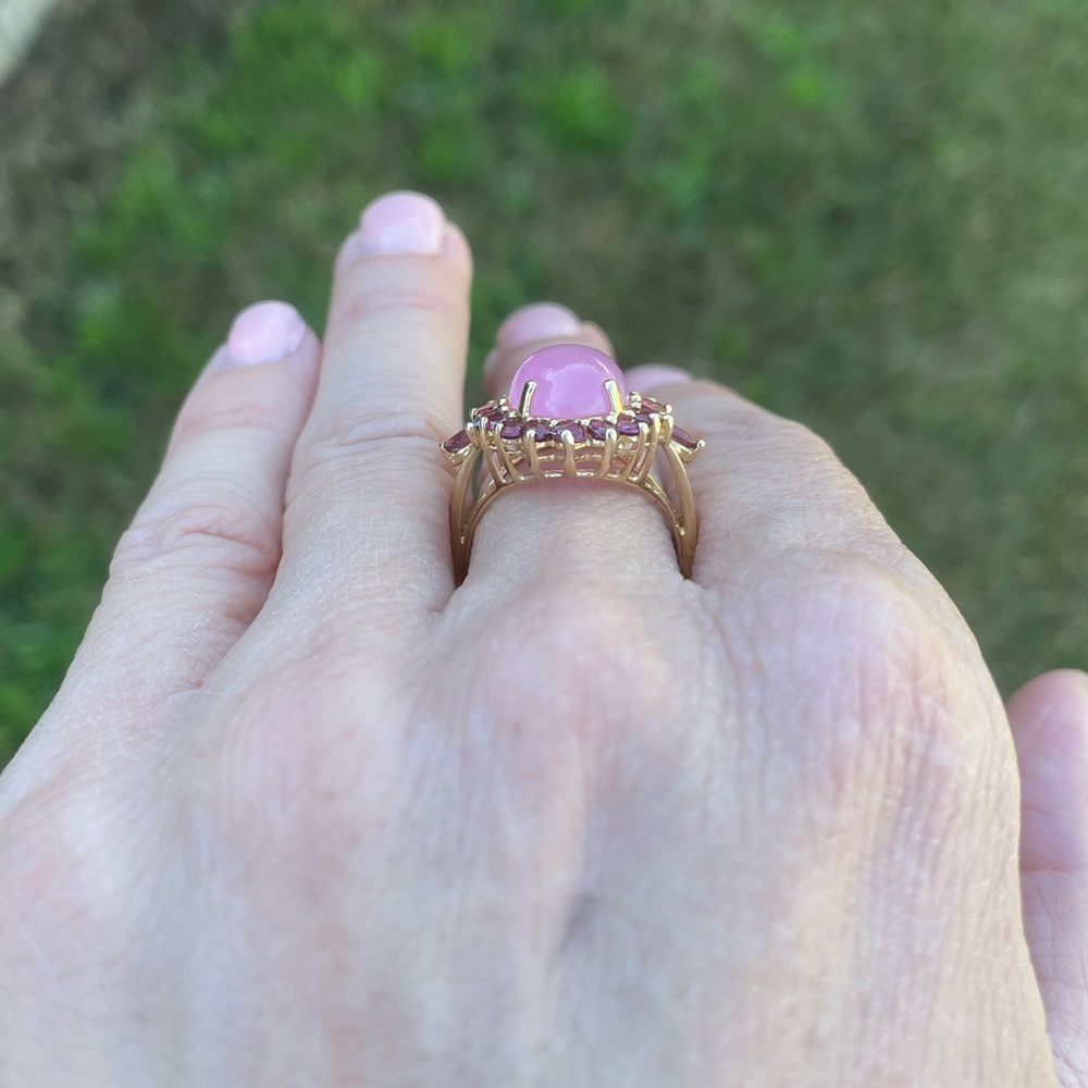 14k Gold, Pink Jade & Ruby Ring - Picture 5 of 8